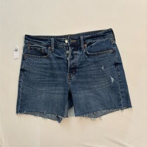 Old Navy Blue Denim Button Fly Shorts size 8. Distressed frayed hem.
